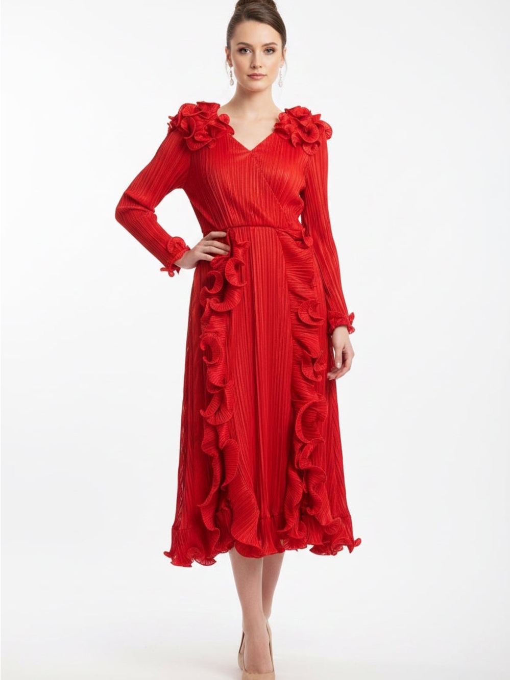 Source Unknown Red Ruffle-Trim V-Neck Maxi Dress